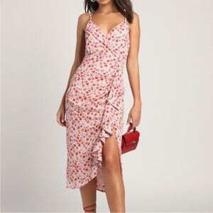 LULUS Reason for Romance Pink Floral Print Ruffled Midi Dress Size Medium